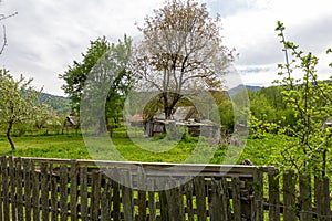 Chalet, mountain village, garden plots, forest, meadows, mountains, in summer.