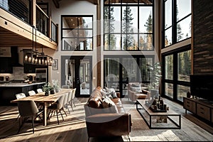 chalet with soaring ceilings, large windows, and modern furnishings photo