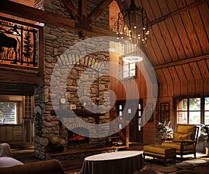 Chalet style house design, with the necessary set of furniture and decor, interior concept