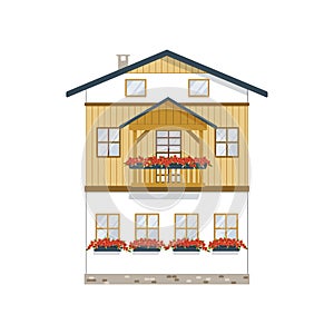 Chalet. Swiss cottage. Alpine house. Flat, cartoon, vector