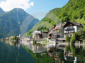 Chalets reflecting on lake