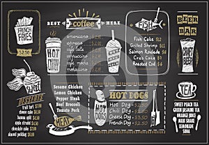 Chalk on a blackboard menu designs set - desserts menu, fish menu, tea, coffee, hot dogs, beer bar