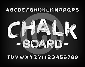 Chalk Board alphabet font. Hand drawn sans serif letters, numbers and symbols.