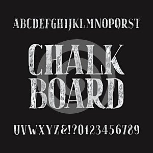 Chalk board alphabet font. Hand drawn type letters and numbers on a dark background.