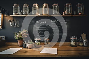 A chalk board with jars on top of it. AI generative image.