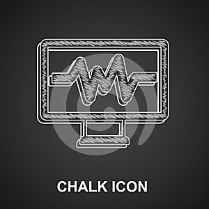 Chalk Computer monitor with cardiogram icon isolated on black background. Monitoring icon. ECG monitor with heart beat