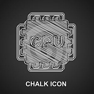 Chalk Computer processor with microcircuits CPU icon isolated on black background. Chip or cpu with circuit board. Micro