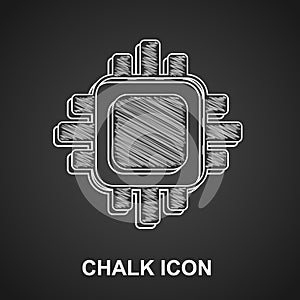 Chalk Computer processor with microcircuits CPU icon isolated on black background. Chip or cpu with circuit board. Micro