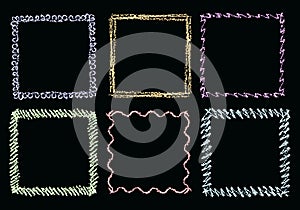 Chalk or crayon hand drawing square frame on chalkboard.