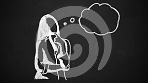 Chalk drawing animation of young woman thinking Lose weight chalk concept icon