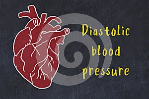 Learning cardio system concept. Chalk drawing of human heart and inscription Diastolic blood pressure photo