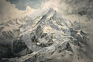 Chalk drawing painting of a majestic mountain landscape, wallpaper background