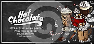 Chalk drawing poster of Hot Chocolat with marshmallows, cinnamon stick, candy cane isolated on blackboard.