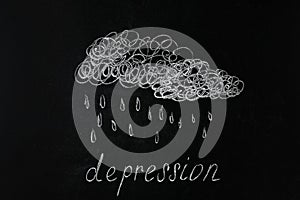 Chalk drawing of raining cloud over word Depression