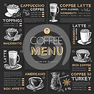 Chalk drawing restaurant coffee menu design with hand drawing coffee elements.