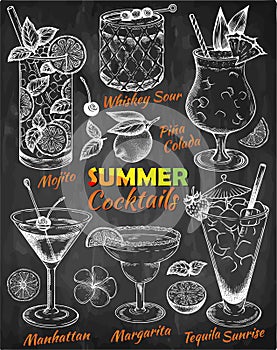 Chalk drawing set of summer cocktails on blackboard. Hand drawn sketch alcohol drinks,