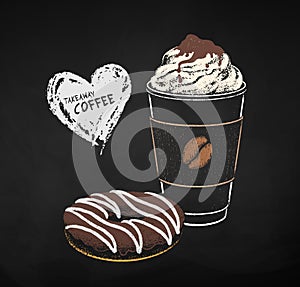 Chalk drawing of takeaway coffee cup with donut