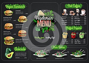 Chalk drawing Vegetarian menu design with vegan meals. Restaurant menu
