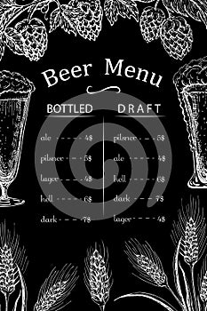 Chalk drawn beer bar, pub or restaurant menu template. Vintage engraved beerhouse background on black chalkboard. Vector