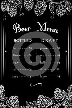 Chalk drawn beer bar, pub, restaurant menu template. Vintage engraved beerhouse, brewerry background on black chalkboard