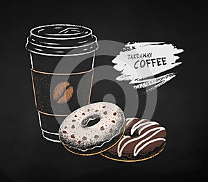 Chalk drawn Coffee paper cup with Donuts