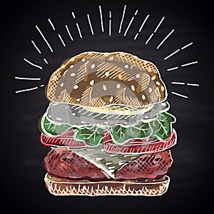 Chalk drawn colored illustration of burger.