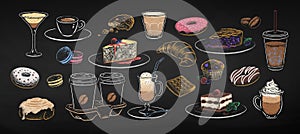 Chalk drawn illustration set of coffee cups and desserts
