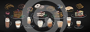 Chalk drawn illustration set of coffee cups and desserts