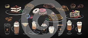 Chalk drawn set of coffee cups and desserts