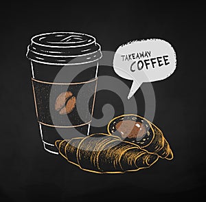 Chalk drawn illustration of takeaway Coffee cup and croissant