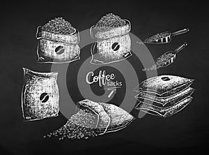 Chalk drawn sketches of sacks with coffee beans