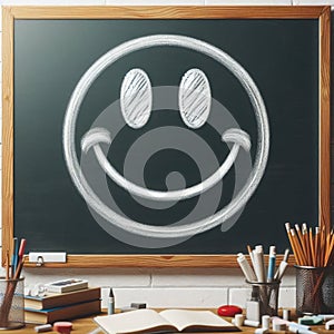 Chalk drawn smiling face on blackboard in classroom. photo