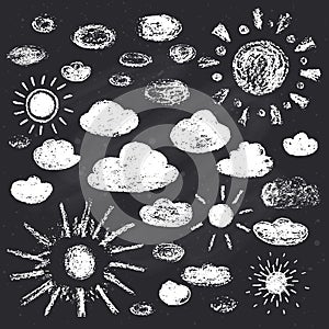 Chalk drawn sun and clouds on chalkboard. Vector illustration.