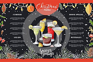 Chalk drawning Christmas menu design. Winter design template for cafe, restaurant. Food, beverages and holiday elements