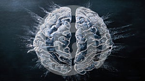 Chalk dust arranged in the shape of a brain symbolizing education and creativity on a darkboard surface