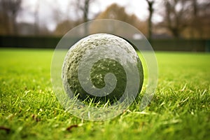 chalk-dusted shot put ball on grass