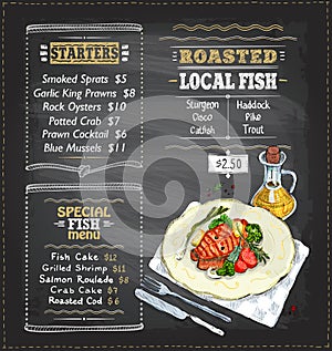 Chalk fish menu board graphic illustration with grilled salmon steak