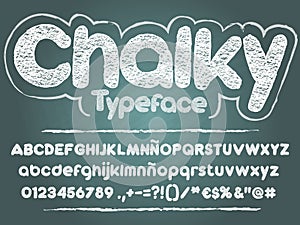 Chalk font. Handwritten sans serif rounded chalky typeface on chalkboard background