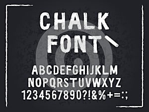 Chalk font. Rough chalk hand drawn alphabet, abc and numbers, textured scratched lettering. Grunge letters isolated