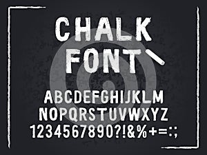 Chalk font. Rough chalk hand drawn alphabet, abc and numbers, textured scratched lettering. Grunge letters isolated photo