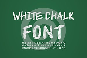 Chalk font white color, sketch style letters and numbers. Vector alphabet for doodle style