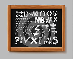 Chalk graphic elements collection hand written arrows, lines and signs. Chalk forms on black board. Sketch doodle ready for your