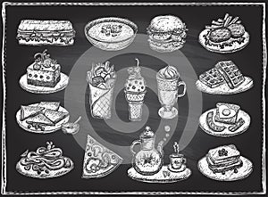 Chalk graphic illustration of assorted food, desserts and drinks, hand drawn vector symbols set