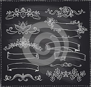 Chalk graphic line elements, love and wedding theme, vintage style ribbons