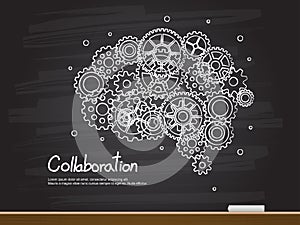 Chalk hand drawing with brain gear and collaboration word. Vector illustration
