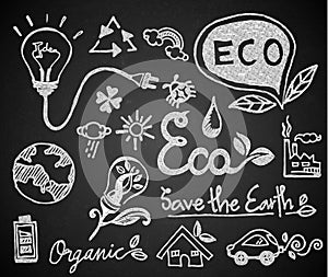 chalk hand drawing ecology on blackboard