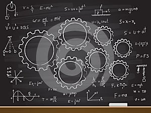 Chalk hand drawing with gear and equation. Vector illustration