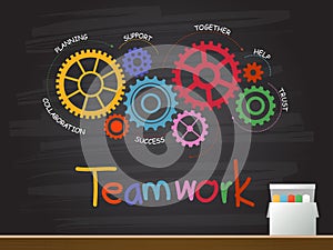 Chalk hand drawing with gear and teamwork word. Vector illustration