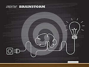 Chalk hand drawing with light bulb and brain. Vector illustration