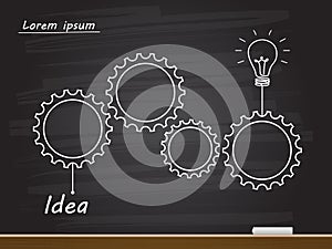 Chalk hand drawing with light bulb and gears. Vector illustration